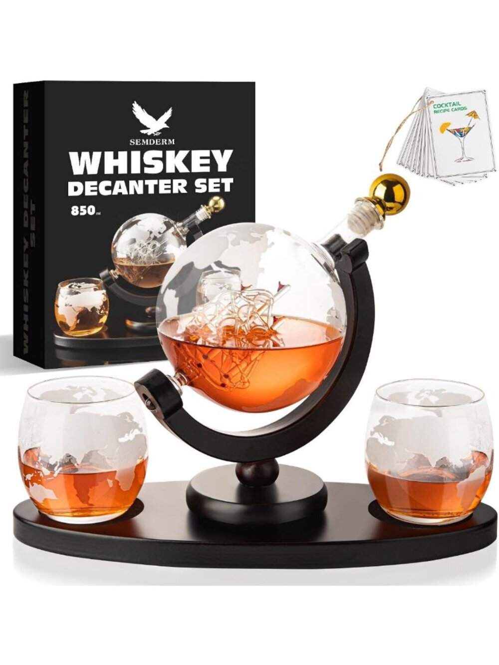 Whiskey Globe Decanter Set with World Map Glasses - Perfect Gift for Men